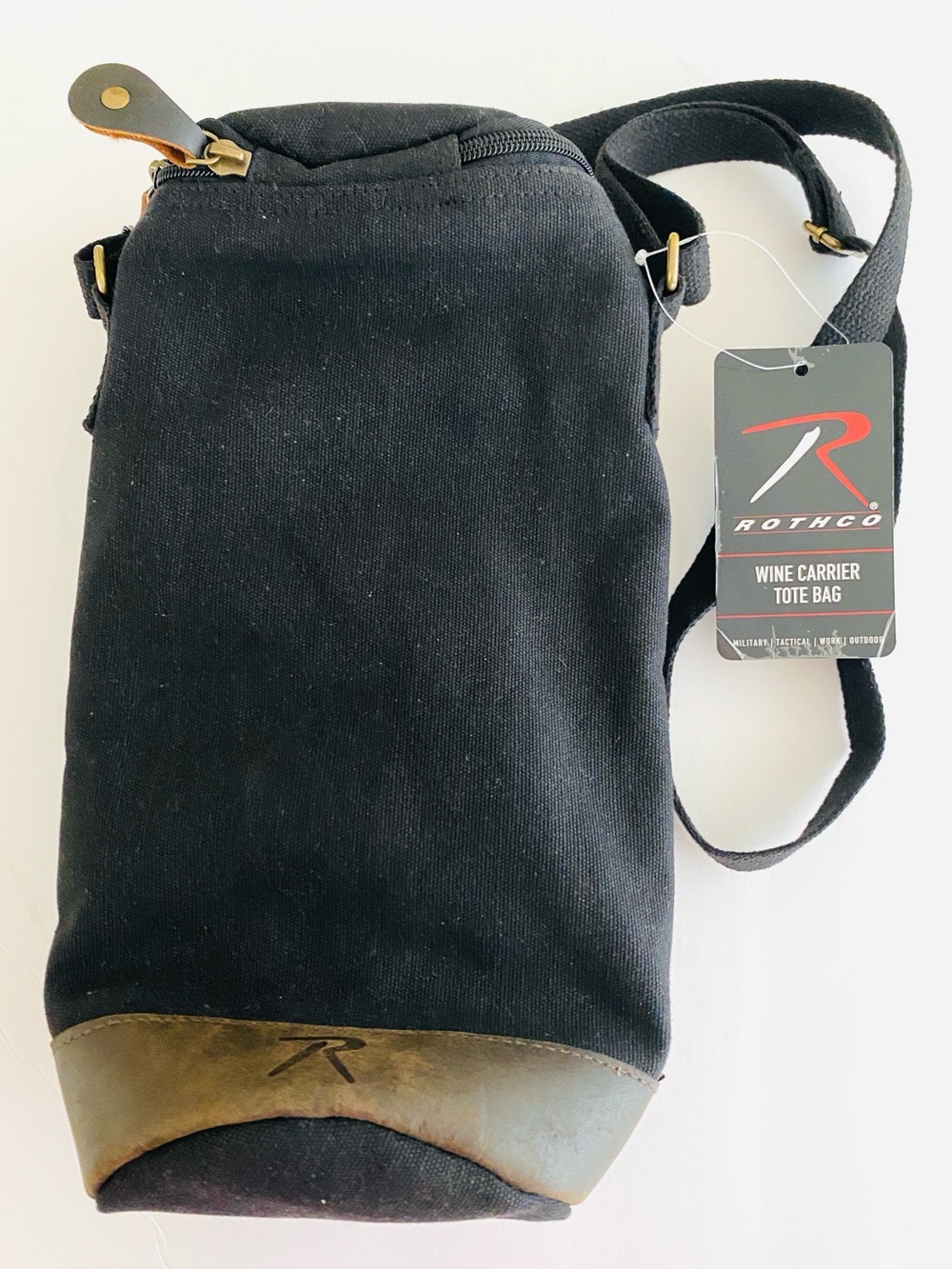 Rothco Black Canvas Wine Carrier with Brown Leather Base